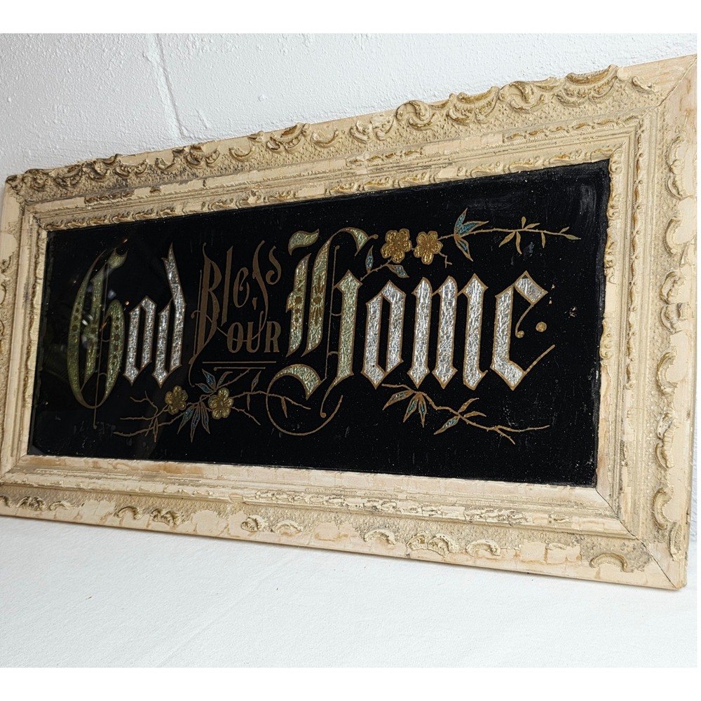 Antique Victorian Reverse Glass Tinsel Painting God Bless Our Home Gesso Frame - Picture 9 of 10